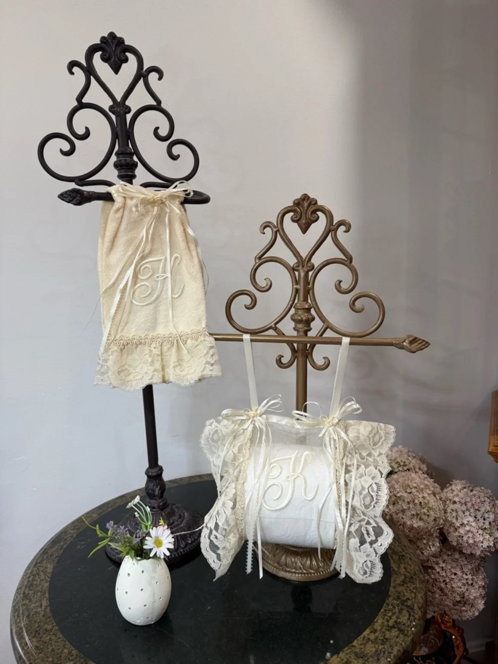 Hand Crafted Cream Lace K Monogram Hand Towel & Toilet Paper Holder